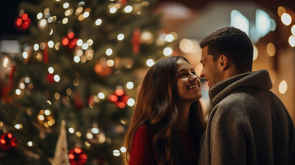 Obraz na płótnie Canvas A couple is close together in an affectionate embrace, smiling at each other beside a decorated Christmas tree with twinkling lights, evoking a warm, festive atmosphere.