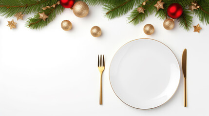 A simple and elegant Christmas table setting features a white plate, gold forks, pine branches, a shimmering bauble, pinecone, and vibrant red berries.