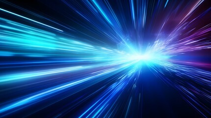 Obraz premium Blue light streak fiber optic speed line futuristic background technology wireless data transmission. 