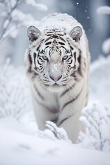 Beautiful white tiger in the snowy forest. Wildlife scene from nature.