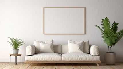 Fototapeta na wymiar A mockup of a white frame in a minimalist living room with a beige sofa, wooden floor, and a small indoor plant.