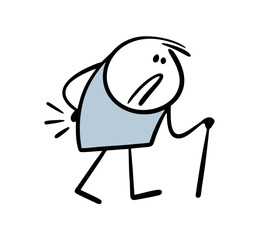 Elderly man walks outdoor and leans on stick with cane. Vector illustration of unfortunate old stickman with bad back. Body hurts, needs medical help.