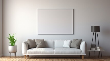 A mockup of a white frame in a minimalist living room with a gray sofa, wooden floor, and a subtle touch of artwork on the adjacent wall.