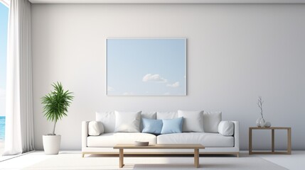 A mockup of a white frame in a minimalist living room with a glass coffee table, beige curtains, and a glimpse of blue sky.