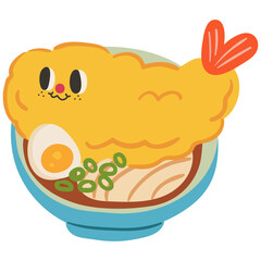 Cute shrimp tempura ramen character flat illustration