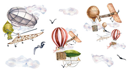 Watercolor collection with air balloons, airship and clouds in pastel colors. Hand painted airplanes set isolated on white background. Design elements for boy room, childish collection for wallpaper © Ekaterina Lanbina