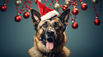 Joyful dog wearing a Santa hat and faux reindeer antlers against a blurred background, embodying a festive and playful spirit.