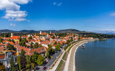Szentendre, Hungary - Aerial panoramic view Szentendre on a sunny summer day with Danube riverside, Saint Peter and Paul Church with Saint John the Baptist's Parish Church, Blagovestenska Church