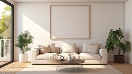 A mockup of a white frame in a serene living room with a beige couch, soft lighting, and a glimpse...