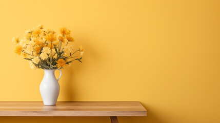 Wooden table with bouquet of flowers in vase on yellow background, copy space