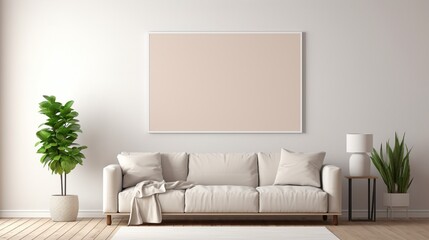A mockup of a white frame in a minimalist living room with a beige sofa, wooden floor, and a small...