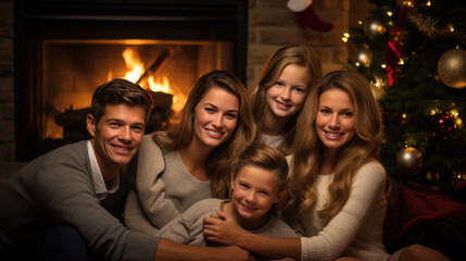 Happy family celebrates Christmas at their home with a Christmas tree and fireplace in the background