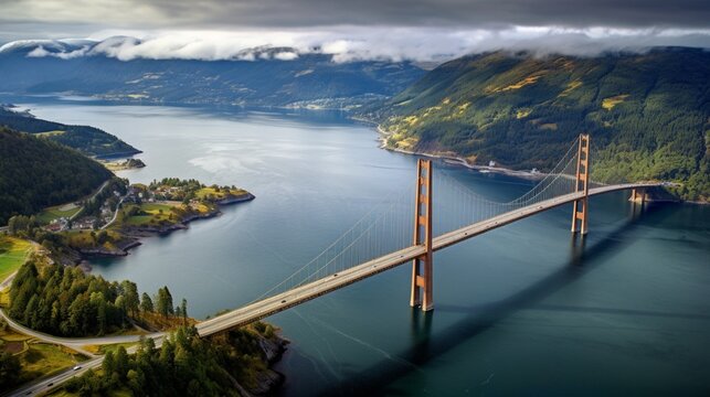 Aerial View of the Bridge Spanning Majestic Fjords