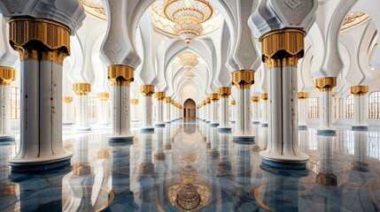 Fototapeta premium Architectural Harmony: The Magnificence of a Beautiful Mosque Mirrored in the Shiny Marble Floor Beneath