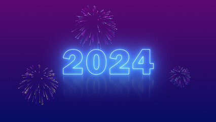 New year 2024 in neon lights with fireworks