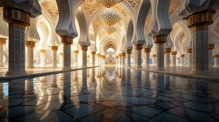 Beautiful Mosque Reflected in the Shiny Marble Floor, Creating a Breathtaking Scene