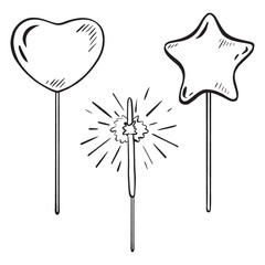 Hand-drawn vector set of cake toppings. Various festive elements: heart, star, sparkler. Decorate cakes, muffins, or any dish. 3D elements, highlights on tips, sparks for kids parties