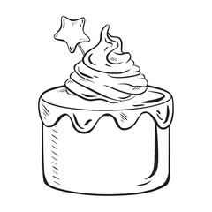 Hand-drawn vector. Ink. Delicate glazed cake crowned with sweet cream swirls. Delectable pastry with a star-shaped topping. Perfect for festive vibes, birthdays, anniversaries, weddings
