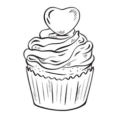 Hand-drawn vector sketch. Muffin with a crown of delicate cream. Heart-shaped topping. Perfect for Valentine's Day, weddings, birthdays, invitations, and anniversaries. for greetings, coloring books