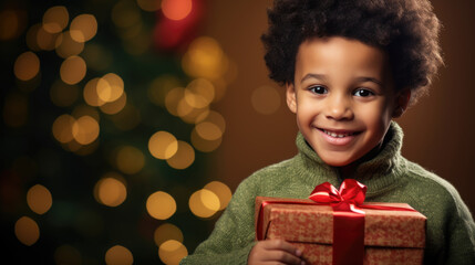 A delighted boy with a beaming smile holds a Christmas present , surrounded by the festive glow of tree lights and ornaments.