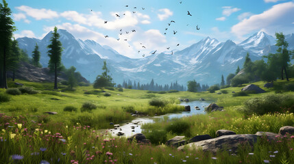 Serene alpine meadow dotted with wildflowers, where grazing deer and chirping birds create a harmonious symphony of nature. Ai Generated.NO.0