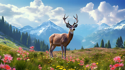 Serene alpine meadow dotted with wildflowers, where grazing deer and chirping birds create a harmonious symphony of nature. Ai Generated.NO.04 - obrazy, fototapety, plakaty