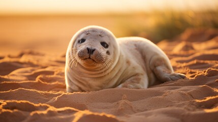 A newborn seal pup lying on a sandy beach, basking in the warm sunlight. - obrazy, fototapety, plakaty