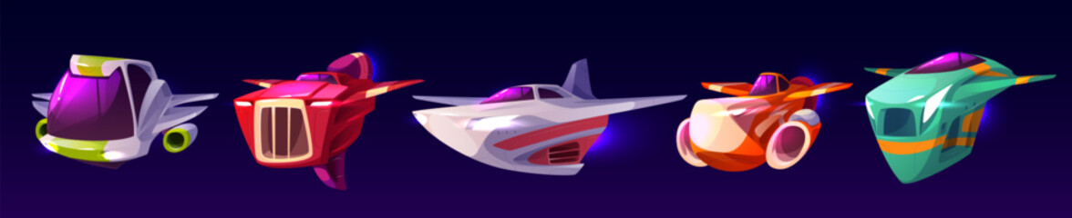 Fantasy spaceship for video game assets. Cartoon vector illustration set of alien cosmic starship with childish design. Flying futuristic or ufo shuttle for space travelling and planets exploration.