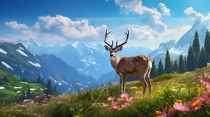 Serene alpine meadow dotted with wildflowers, where grazing deer and chirping birds create a harmonious symphony of nature. Ai Generated.NO.01 - obrazy, fototapety, plakaty