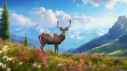 Serene alpine meadow dotted with wildflowers, where grazing deer and chirping birds create a harmonious symphony of nature. Ai Generated.NO.06 - obrazy, fototapety, plakaty