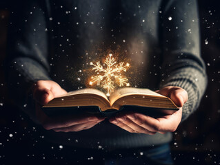Ai generation. Man opened a magic book with growing lights and magic powder