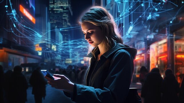 A night city scene captured through the lens of a high-definition camera, showcasing a woman engrossed in her mobile app amidst the neon glow of the street.