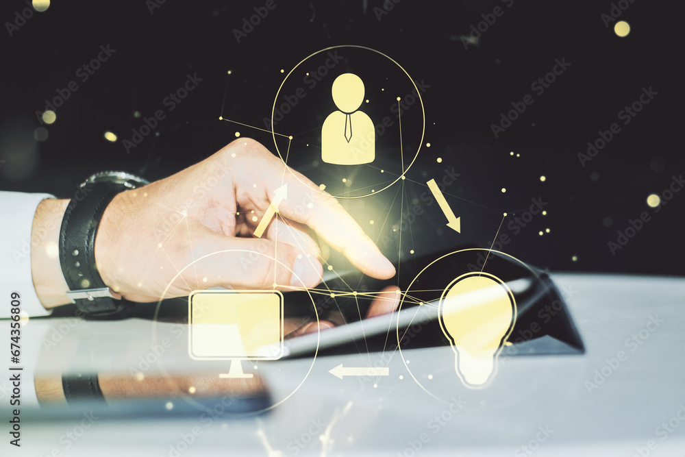 Poster social network media concept with finger presses on a digital tablet on background. double exposure