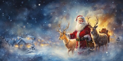 Santa Claus gifts in winter December christmas holiday santa claus sleigh The reindeer night is cold at night by Generative AI - obrazy, fototapety, plakaty