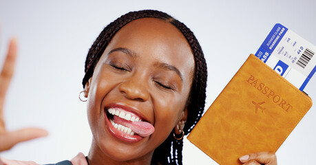 Selfie, face or happy black woman with a passport in studio for holiday travel or post vacation...