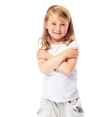 Portrait, smile and girl child with self love isolated on a transparent png background. Happy kid hug herself, care or confident, young or cute student embrace body, positive facial expression or ego