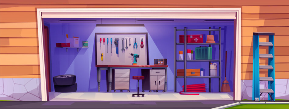 Garage interior with mechanic tools. Vector cartoon illustration of home workshop design, repair equipment on shelves, wrenches on wall, radio and screwdriver on desk, metal drawer for instruments