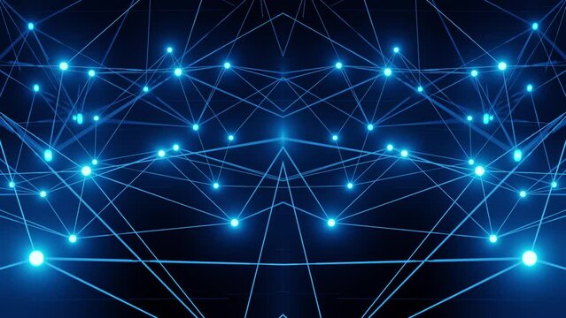 Abstract digital connection moving dots and lines. Technology background Network connection structure. Plexus effect. 3d Seamless symmetrical loop. 4K