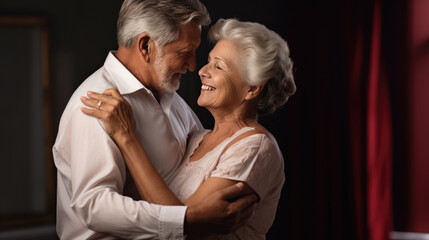 An elderly couple joyfully dances together, sharing a moment of intimate connection amidst the soft glow of party lights.
