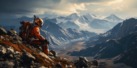 Fototapeta premium Astronauts in futuristic space suits are exploring the surface of Mars in order to live on Mars in the future by Generative AI