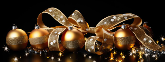 Golden Christmas ornaments are elegantly adorned with a shimmering black ribbon against a deep black background.
