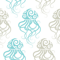 Seamless pattern with jellyfish. Maori style. Vector.