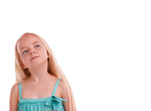 Thinking, face and girl child brainstorming idea on isolated, transparent or png background. Why, questions and curious kid model with solution, development or planning, problem solving or guess pose