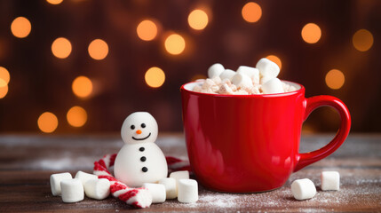 A cheerful plush snowman sits beside a red mug filled with cocoa and marshmallows, all against a warm and sparkling Christmas light background.
