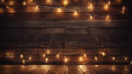 Series of string lights hanging against a dark wooden wall and floor, creating a soft, ambient glow.