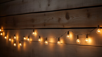Series of string lights hanging against a dark wooden wall and floor, creating a soft, ambient glow.