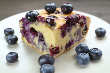 Closeup of Mouthwatering Homemade Blueberry Cake Served with Fresh Blueberries