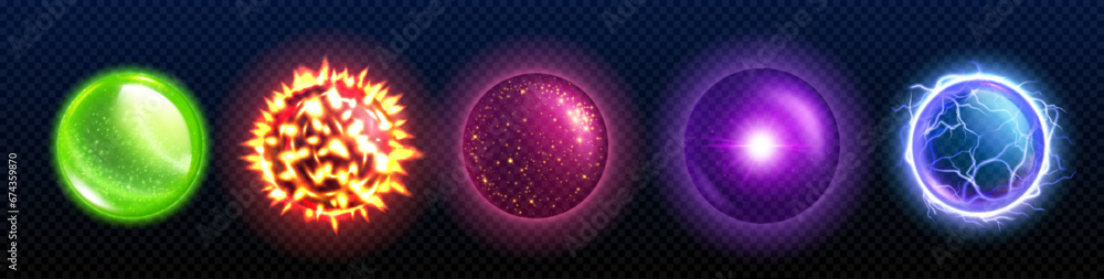 Poster magic game balls set isolated on transparent background. vector realistic illustration of neon color