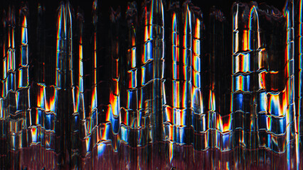 Obraz premium Glitch design. Abstract lines. Interference noise. Black background with rainbow yellow blue white broken zigzag ornament distortion blurred pattern.