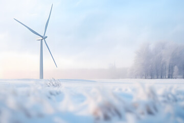 Renewable energy in winter concept with snow covered ground in foreground and wind mill turbine in background - Powered by Adobe